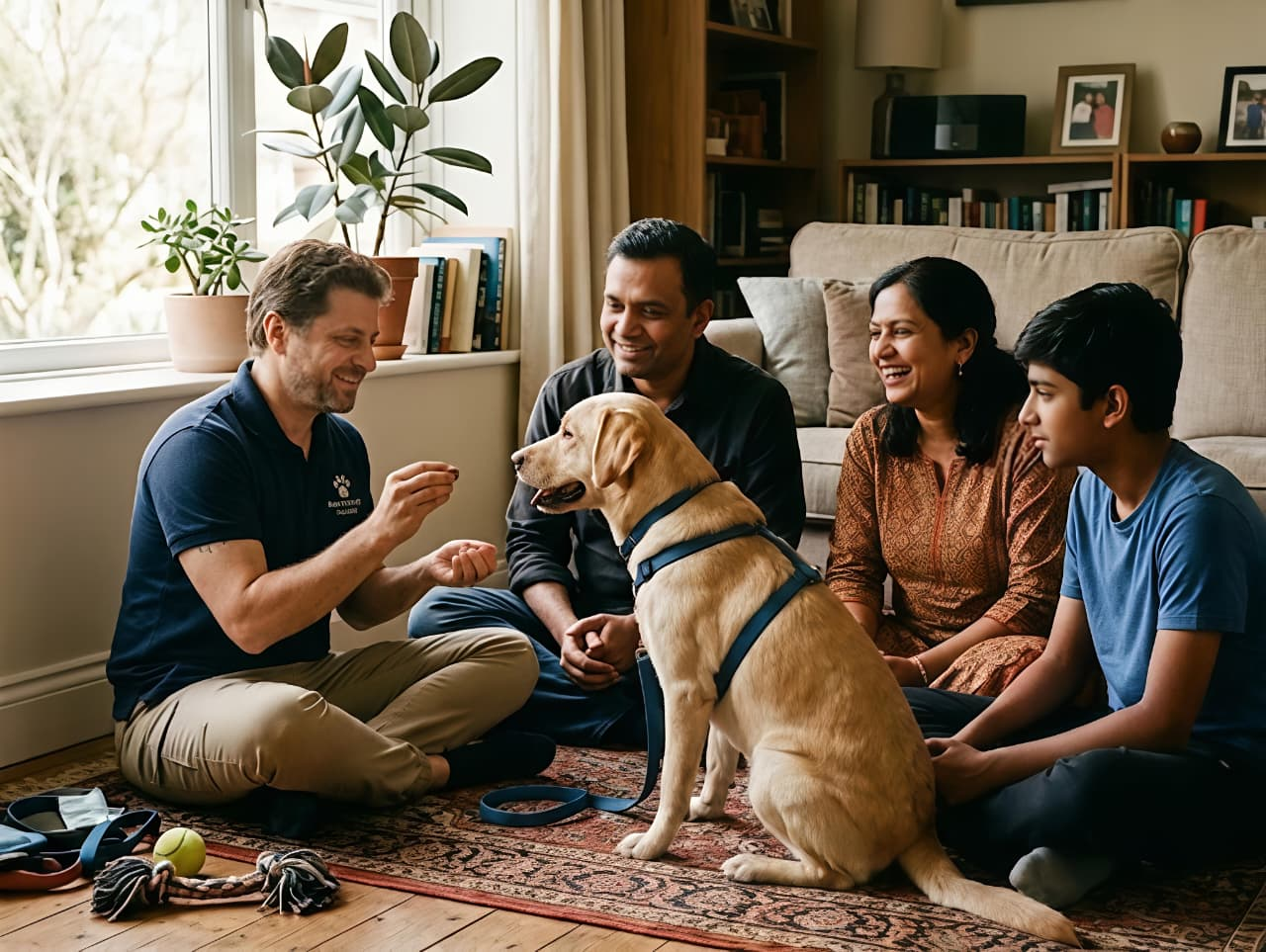 Chandra Shekar with a family and their dog — everyone in the room, which is the point.